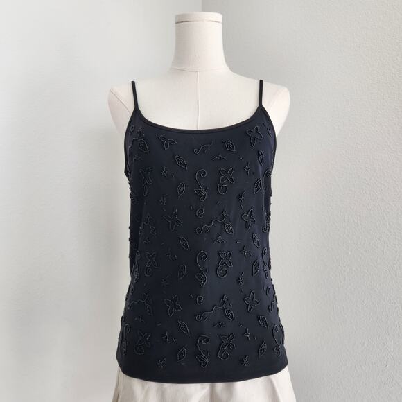 Ann Taylor Tops - Vintage 90s Ann Taylor Black Beaded Floral Embroider Spaghetti Strap Cami Top S